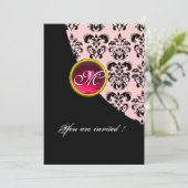 SCHWARZ- UND PINK-DAMASK-MONOGRAMM, rote Rubine Einladung (Stehend Vorderseite)