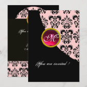 SCHWARZ- UND PINK-DAMASK-MONOGRAMM, rote Rubine Einladung (Vorne/Hinten)
