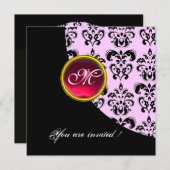 SCHWARZ- UND PINK-DAMASK-MONOGRAMM, rote Ruby, Einladung (Vorne/Hinten)