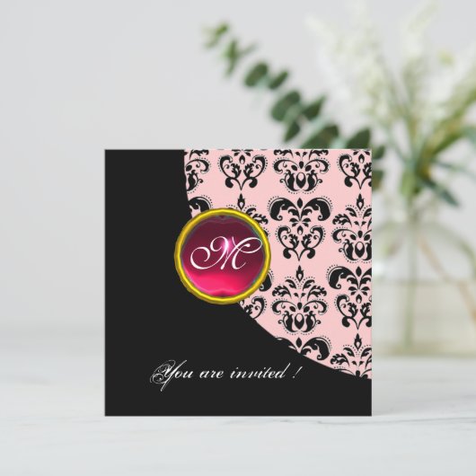 SCHWARZ- UND PINK-DAMASK-MONOGRAMM, rote Ruby, Einladung (Stehend Vorderseite)