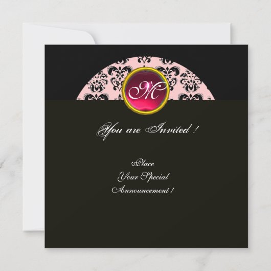 SCHWARZ- UND PINK-DAMASK-MONOGRAMM, rote Ruby, Einladung (Rückseite)