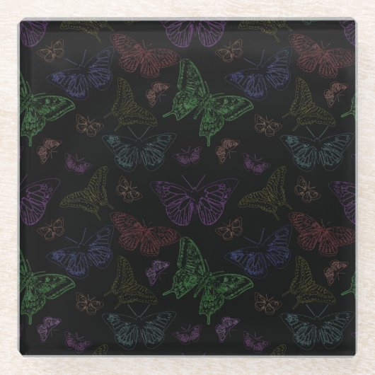Schwarz- und Regenbogenfarbene Schmetterlinge Glasuntersetzer (Vorderseite)