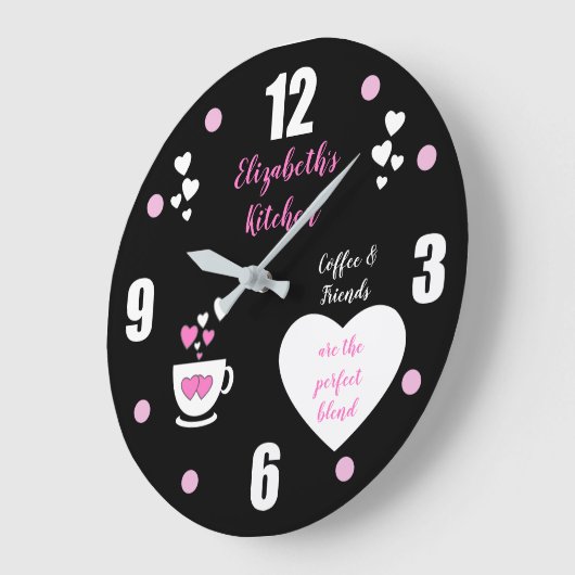 Schwarz und Rosa mit einer Kaffeetasse Herz und ei Große Wanduhr (Winkel)