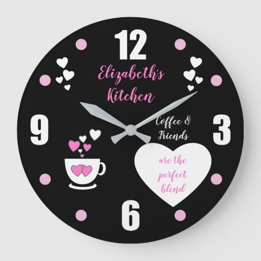 Schwarz und Rosa mit einer Kaffeetasse Herz und ei Große Wanduhr (Vorderseite)