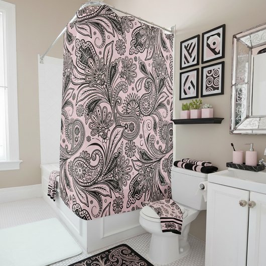 Schwarz und rosa Paisley Duschvorhang