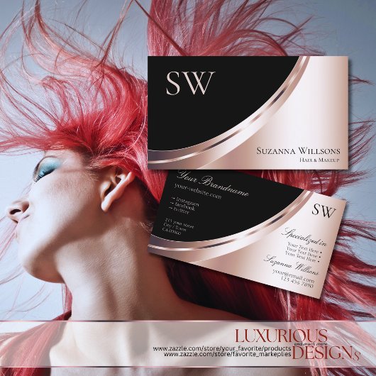 Schwarz und Rose Gold Deco mit Monogram Luxuriös Visitenkarte