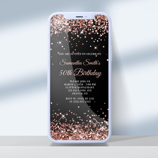 Schwarz und Rose Gold Glitzer 50. Geburtstag Einladung