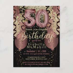 Schwarz und Rose Gold Glitzer 50. Geburtstag Postkarte