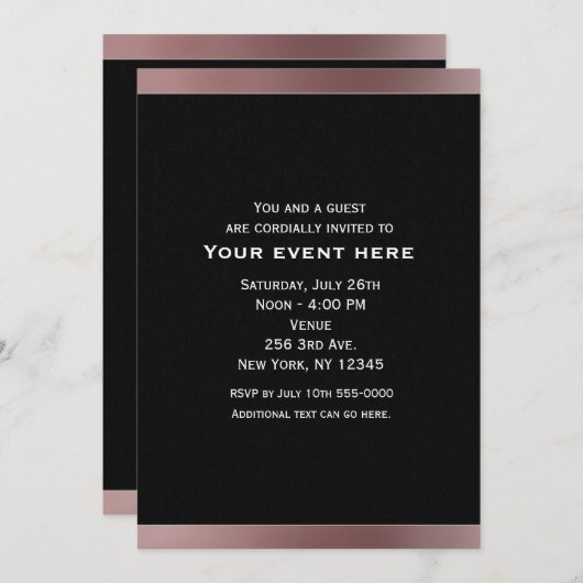 Schwarz und Rose Gold Mauve Rosa Party Einladungen (Vorne/Hinten)