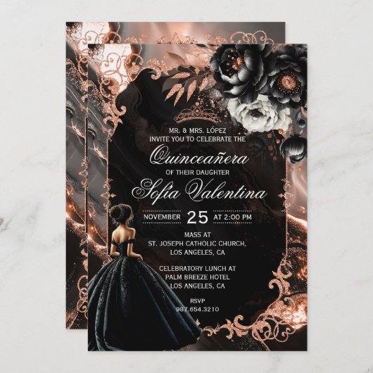 Schwarz und Rose Gold Quinceañera Einladung (Vorne/Hinten)