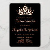Schwarz und Rose Gold Quinceñera laden ein Folieneinladung (Vorderseite)