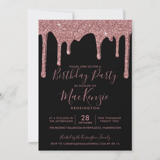 Schwarz und Rose Gold Sparkone Glitzer Tropfen Geb Einladung (Vorderseite)