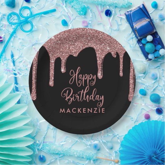 Schwarz und Rose Gold Sparkone Glitzer Tropfen Geb Pappteller (Party)