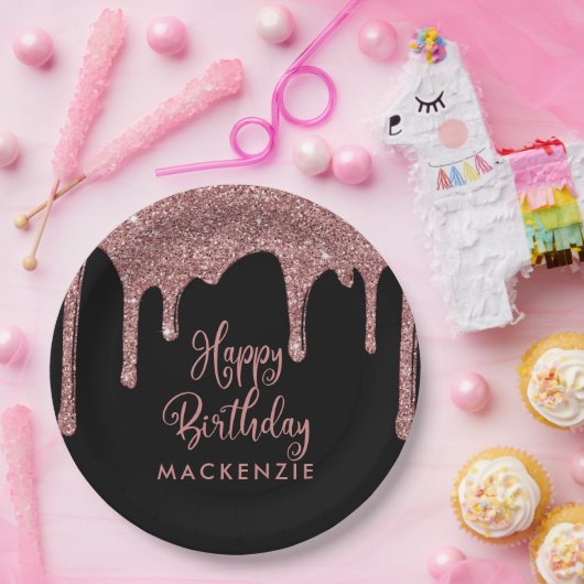 Schwarz und Rose Gold Sparkone Glitzer Tropfen Geb Pappteller (Party)