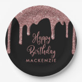 Schwarz und Rose Gold Sparkone Glitzer Tropfen Geb Pappteller (Vorderseite)