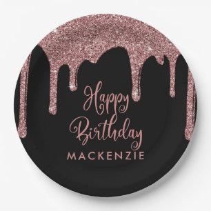Schwarz und Rose Gold Sparkone Glitzer Tropfen Geb Pappteller