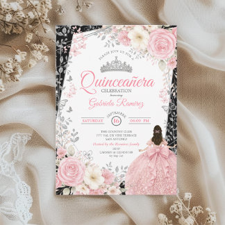 Schwarz und Rosé Quinceañera Silber Schmetterling Einladung
