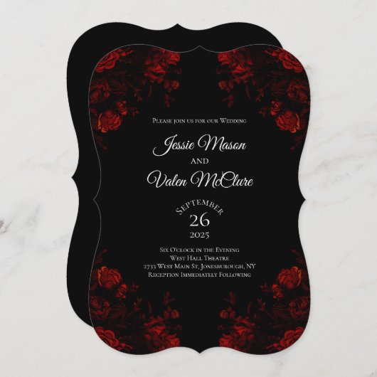 Schwarz und Rot Blumen Elegante Gotische Hochzeit Einladung (Vorne/Hinten)