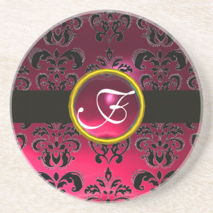 SCHWARZ UND ROT DAMAST ROSA RUBIN Monogramm Getränkeuntersetzer