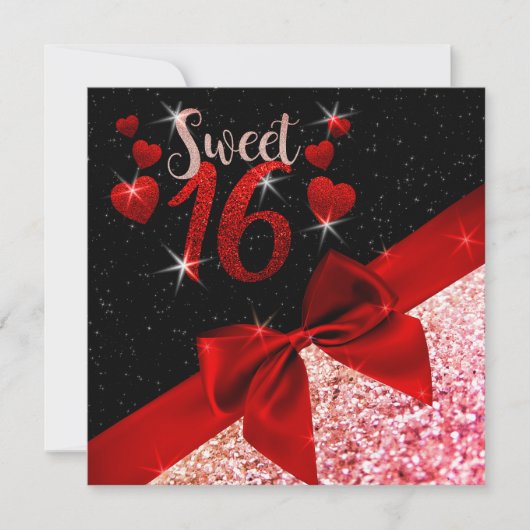 Schwarz und Rot Glitterie Sweet 16 Einladung (Vorderseite)