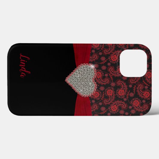 Schwarz und Rot Paisley mit Diamond Herz Case-Mate iPhone Hülle (Rückseite (Horizontal))