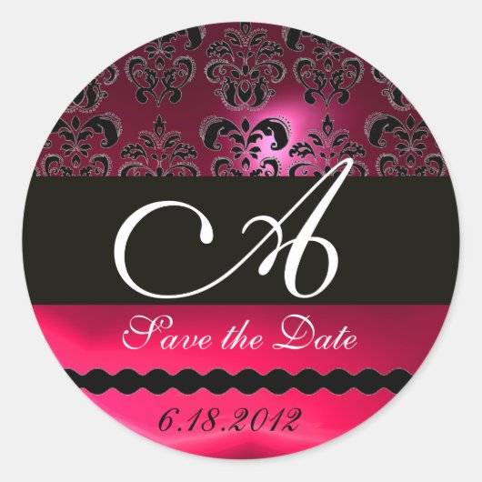 SCHWARZ UND ROT PINK FUCHSIA RUBY DAMASK MONOGRAM, RUNDER AUFKLEBER (Vorderseite)