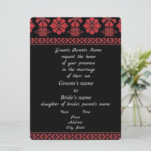 Schwarz und Rot Tatreez Einladung Hochzeit (Stehend Vorderseite)