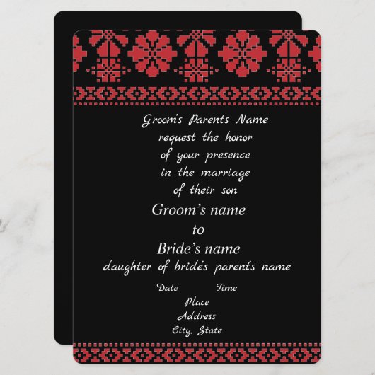 Schwarz und Rot Tatreez Einladung Hochzeit (Vorne/Hinten)