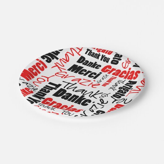 Schwarz und Rot Vielen Dank Word Cloud Pappteller (Schrägansicht)