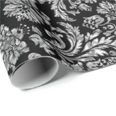 Schwarz und Shiny Silver Floral Damasks Geschenkpapier (Rolleneckpunkt)