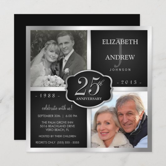 Schwarz und Silber 25. Hochzeitstag Einladung (Vorne/Hinten)