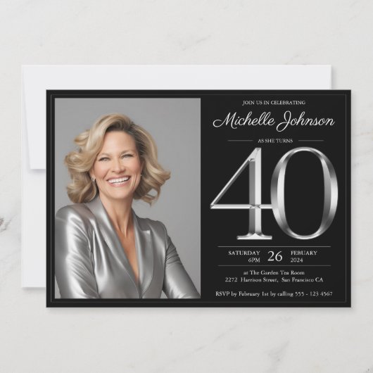 Schwarz und Silber 40. Geburtstag Einladung (Vorderseite)
