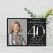 Schwarz und Silber 40. Geburtstag Einladung (Stehend Vorderseite)