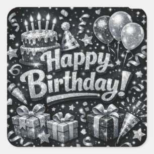 Schwarz und Silber Alles Gute zum Geburtstag Quadratischer Aufkleber