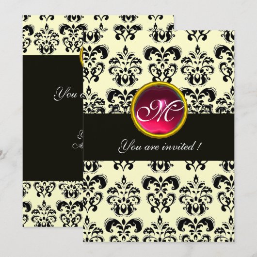 SCHWARZ- UND SILBER-DAMASK-MONOGRAMM, rot, rubinwe Einladung (Vorne/Hinten)