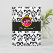 SCHWARZ- UND SILBER-DAMASK-MONOGRAMM, rot, rubinwe Einladung (Stehend Vorderseite)