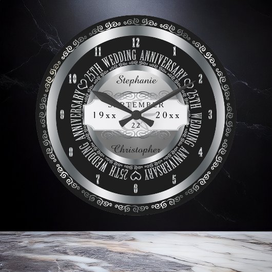 Schwarz und Silber Elegant 25. Hochzeitstag Große Wanduhr