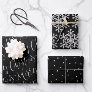 Schwarz und Silber frohe Weihnachtsschneeflocken S Geschenkpapier Set