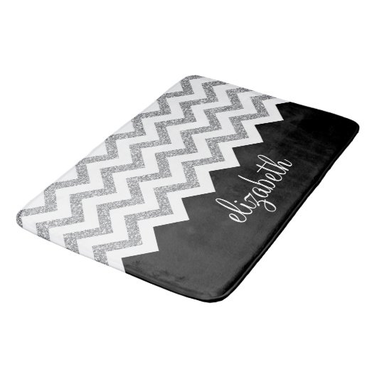 Schwarz und Silber Glitzer Druckköpfe und Name Badematte (Schrägansicht)