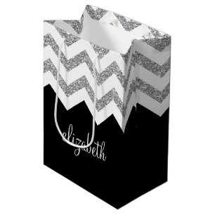 Schwarz und Silber Glitzer Druckköpfe und Name Mittlere Geschenktüte