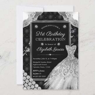 Schwarz und Silber Glitzer Kleid 21. Geburtstag Einladung