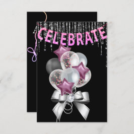 Schwarz und Silber lila mit Balloons Girl Party Einladung