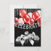Schwarz und Silber mit rotem Balloons Girl Party Einladung (Vorderseite)