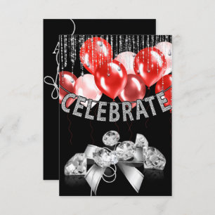 Schwarz und Silber mit rotem Balloons Girl Party Einladung
