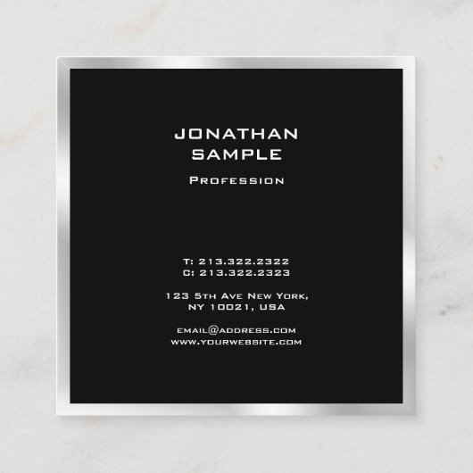Schwarz und Silber Modernes Minimalistisches Beruf Quadratische Visitenkarte (Rückseite)