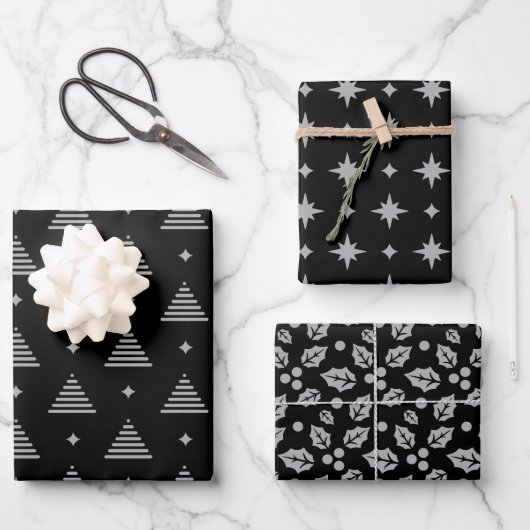 Schwarz und Silber Modernes Weihnachtsmuster Geschenkpapier Set (Vorderseite)