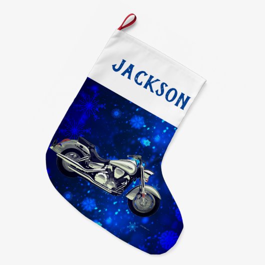 Schwarz und Silber Motorrad und Schnee Großer Weihnachtsstrumpf (Vorderansicht (hängend))