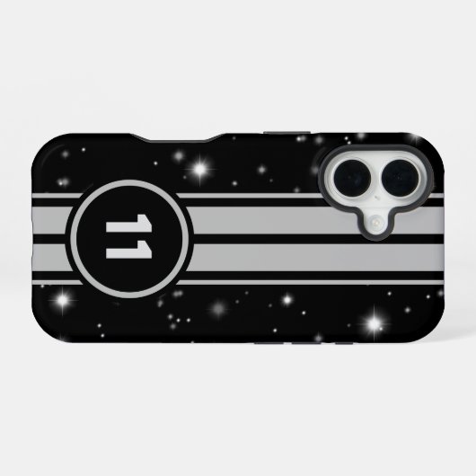 Schwarz und Silber Racing Stripes Starlight iPhone 16 Hülle (Rückseite (Horizontal))