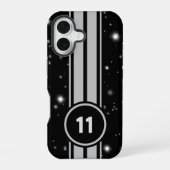 Schwarz und Silber Racing Stripes Starlight iPhone 16 Hülle (Rückseite)