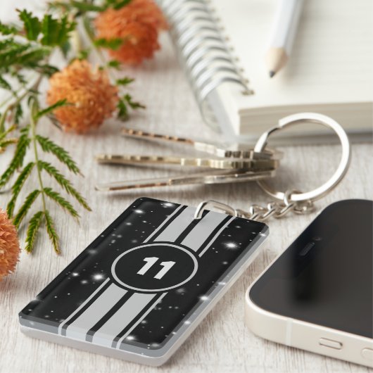 Schwarz und Silber Racing Stripes Starlight Schlüsselanhänger (Vorderseite rechts)